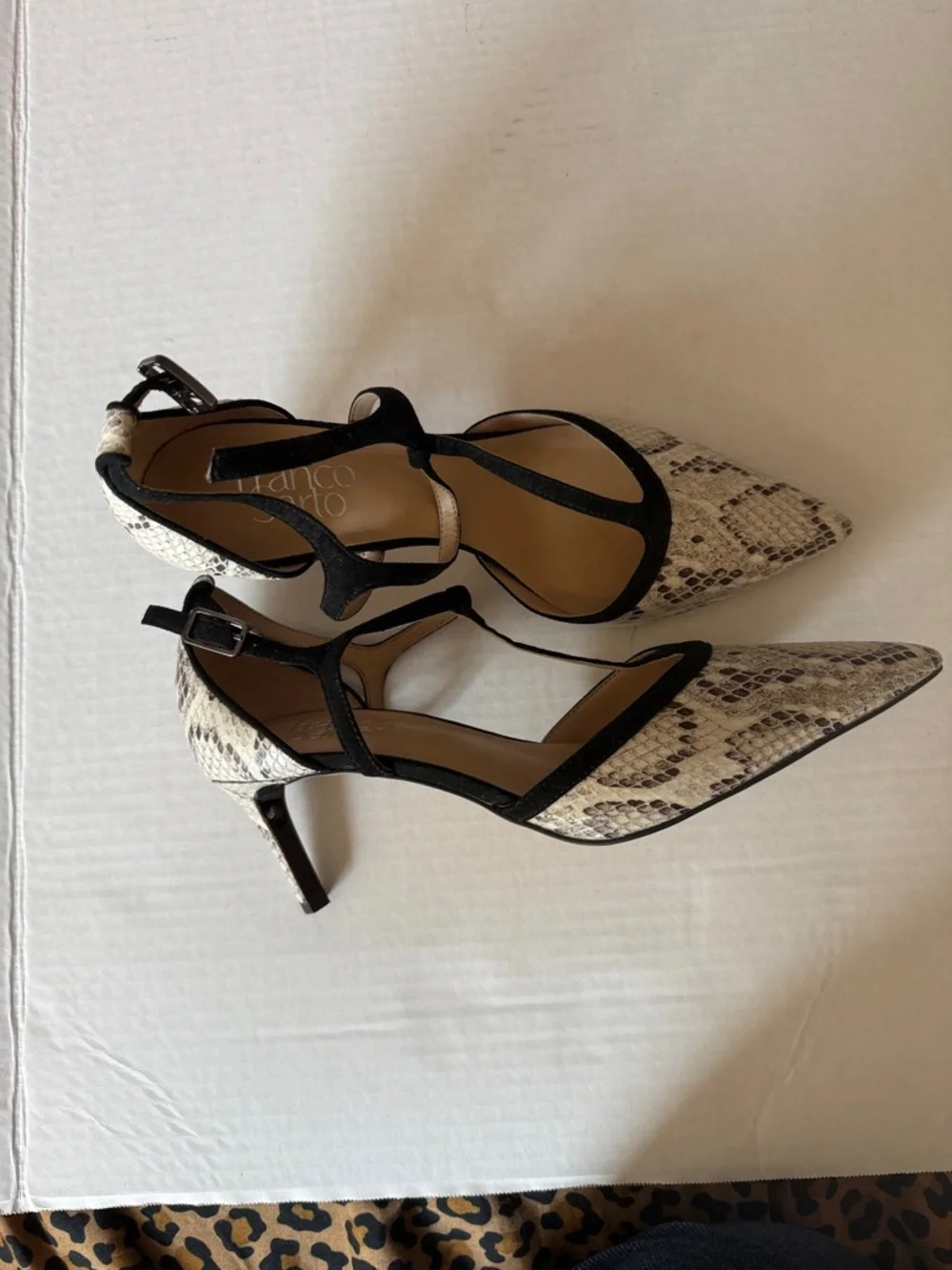 Franco Sarto Black T-Strap Snake-Print Pointed Heels - Picture 4 of 8